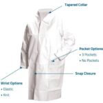 White disposable lab coat with tapered collar, snap closure, and optional pockets and wrist styles