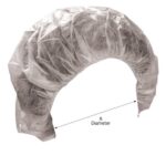 Disposable bouffant cap with labeled diameter, made from non-woven material for hair protection in cleanroom and medical environments.