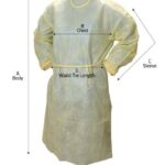 Yellow disposable isolation gown with labeled measurement points for chest, body, sleeve, and waist tie