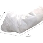 Disposable white arm sleeve cover with labeled measurements for length, upper arm, and wrist, designed for hygiene and protection in medical or industrial settings.