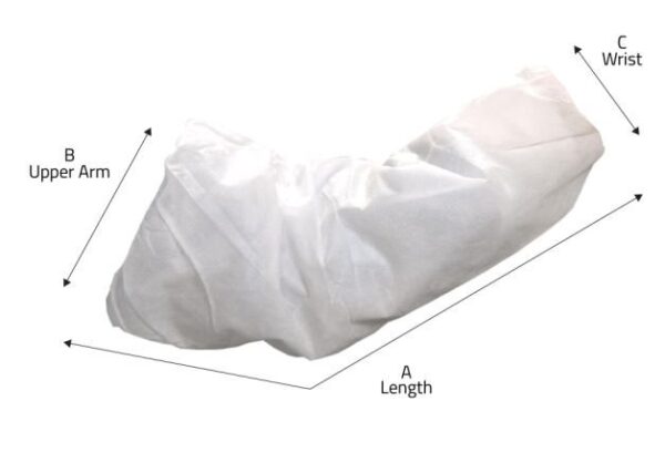 Disposable white arm sleeve cover with labeled measurements for length, upper arm, and wrist, designed for hygiene and protection in medical or industrial settings.