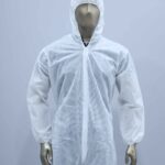 Disposable white coverall suit with hood for medical, industrial, and hygiene protection.