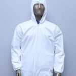 A mannequin torso dressed in a pure white disposable hooded coverall suit, shown against a plain light gray background, with the hood up and hands exposed.