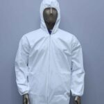 A mannequin torso dressed in a white disposable hooded coverall suit, shown against a plain light gray background, with the hood up and hands exposed.
