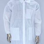 Front view of a mannequin wearing a disposable white lab coat with snap buttons, collar, and three front pockets made from non-woven fabric.