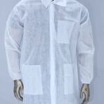 Front View of White Disposable Lab Coat with Pockets and Snap Buttons