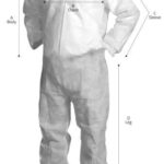Disposable white coverall suit with arrows indicating measurement points for body, chest, sleeve, and leg sizing.