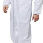 Full-body disposable white coverall suit with front zipper, designed for protective and hygienic use in medical or industrial environments.