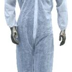 Full-body disposable coverall suit with hood and boot covers for protective use in cleanrooms or medical environments.