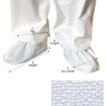 White disposable boot covers with labeled measurements for length, height, top width, and sole width, featuring textured sole for slip resistance.